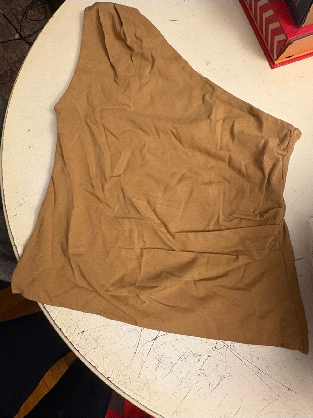 Ann Taylor Ruched One-Shoulder Camel Brown Top size M